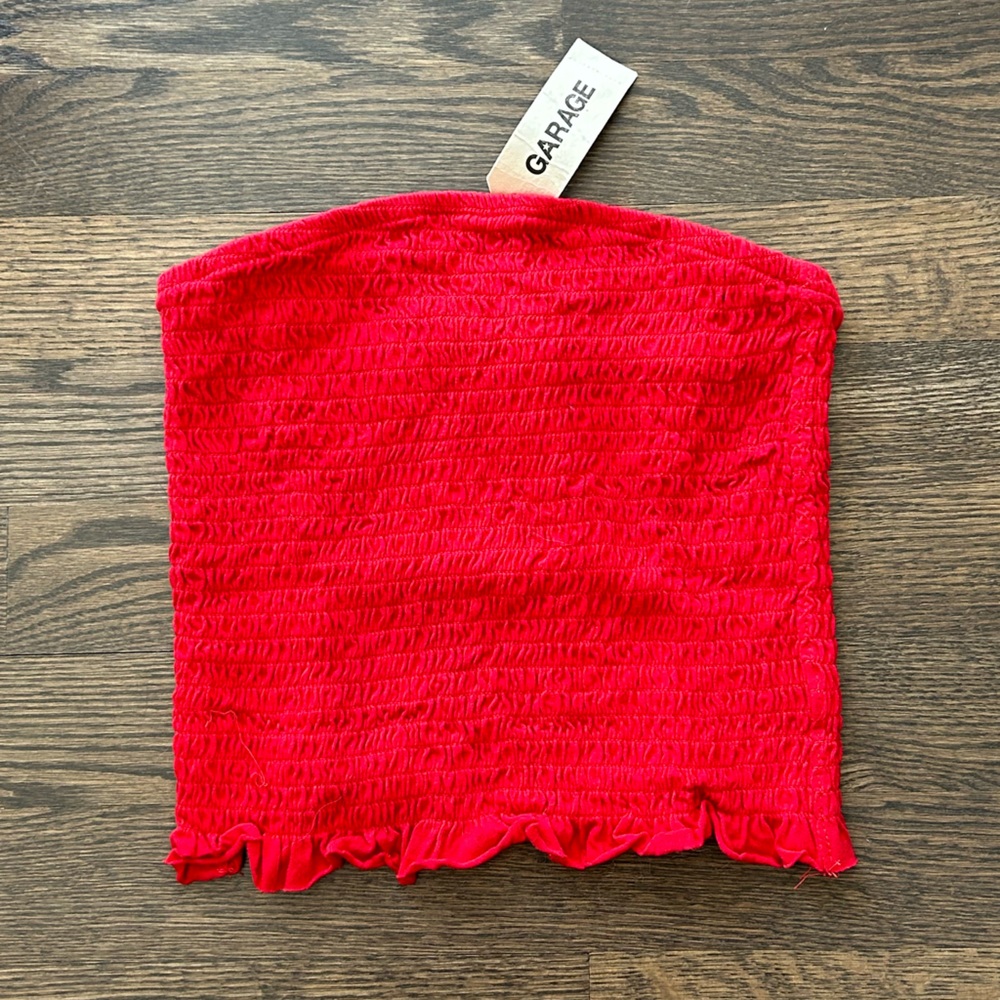 Red strapless top from Garage
